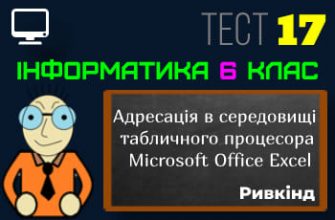 Адресація в середовищі табличного процесора Microsoft Office Excel. Тест 17 (Інформатика 6 клас Ривкінд - НУШ)